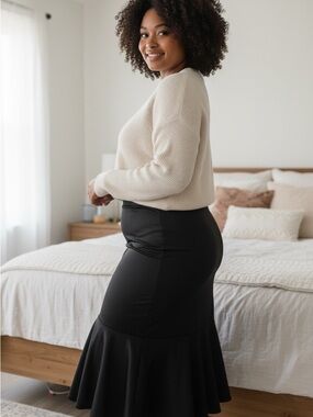 SHEIN Black Fitted Midi Skirt with Flared Hem